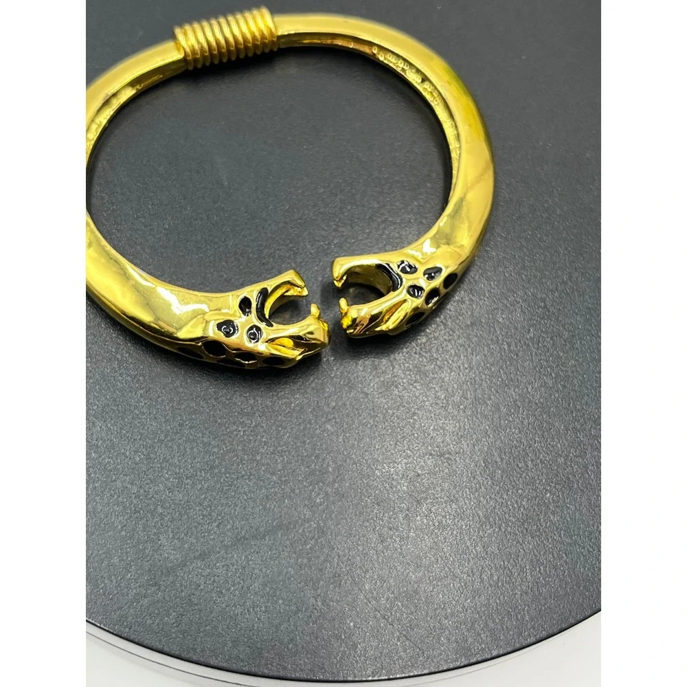 Kenneth Lane Vintage KJL Double Panther‎ Jaguar Bracelet Gold Black  Rhinestones
